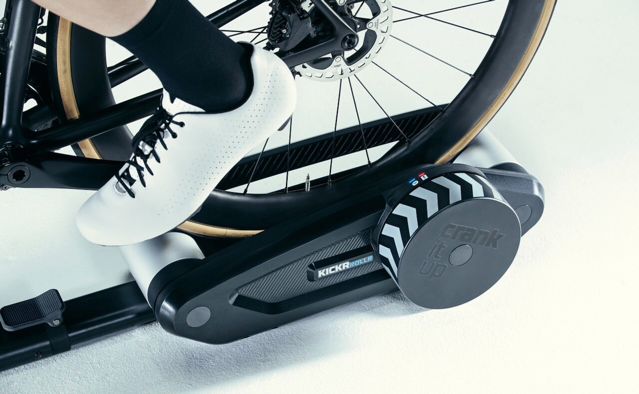 The KICKR ROLLR's rollers feature a magnetic resistance flywheel