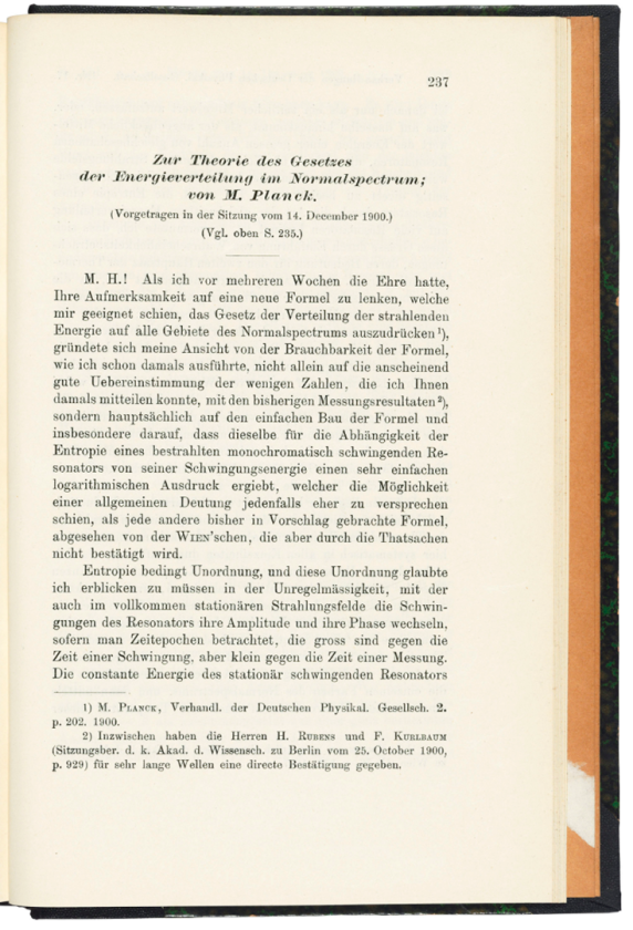 Zur Theorie des Gesetzes der Energieverteilung im Normalspectrum by Max Planck (1900) | Auction Description | Estimate: $8,862 to $12,660 | Auction Date: July 9, 2019