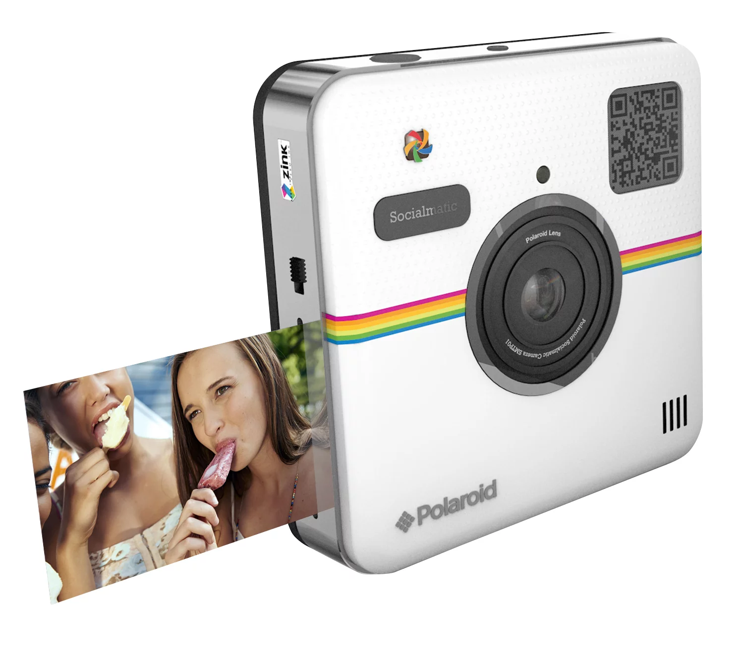 The Socialmatic features a built-in Zero Ink printer to print out the captured image in business card-sized, sticker-backed photos