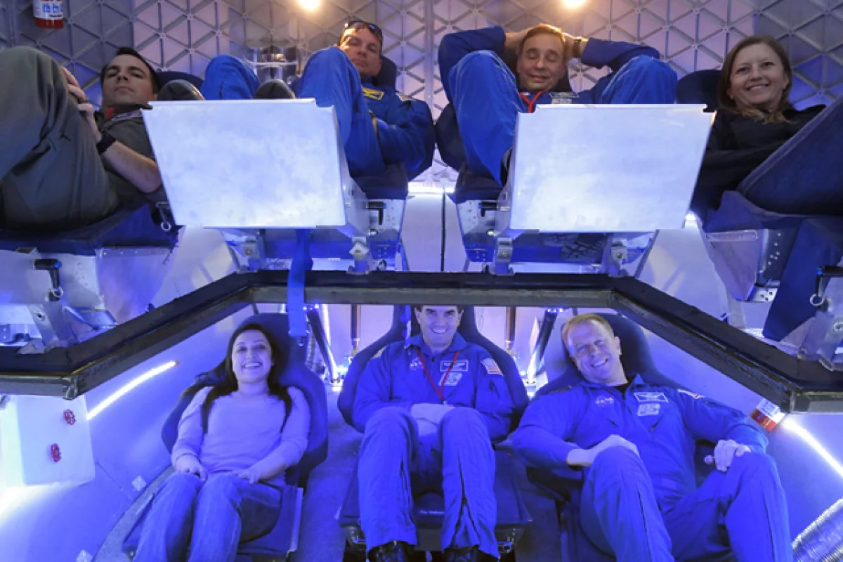 The trial crew (from left): NASA Crew Survival Engineering Team Lead Dustin Gohmert, NASA Astronaut Tony Antonelli, NASA Astronaut Lee Archambault, SpaceX Mission Operations Engineer Laura Crabtree, SpaceX Thermal Engineer Brenda Hernandez, NASA Astronaut Rex Walheim, and NASA Astronaut Tim Kopra