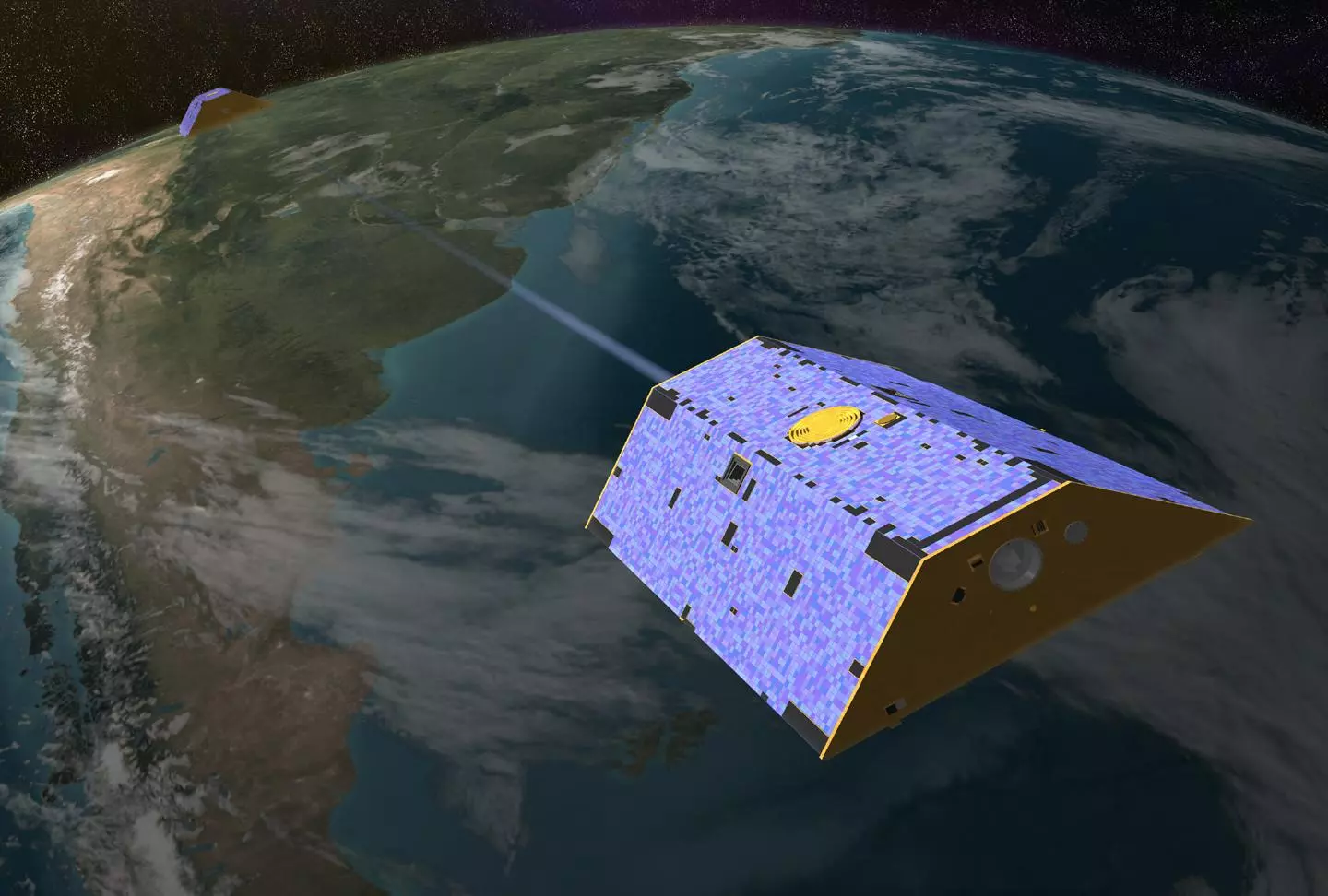 Artist's concept of the twin Gravity Recovery and Climate Experiment (GRACE) satellites in orbit