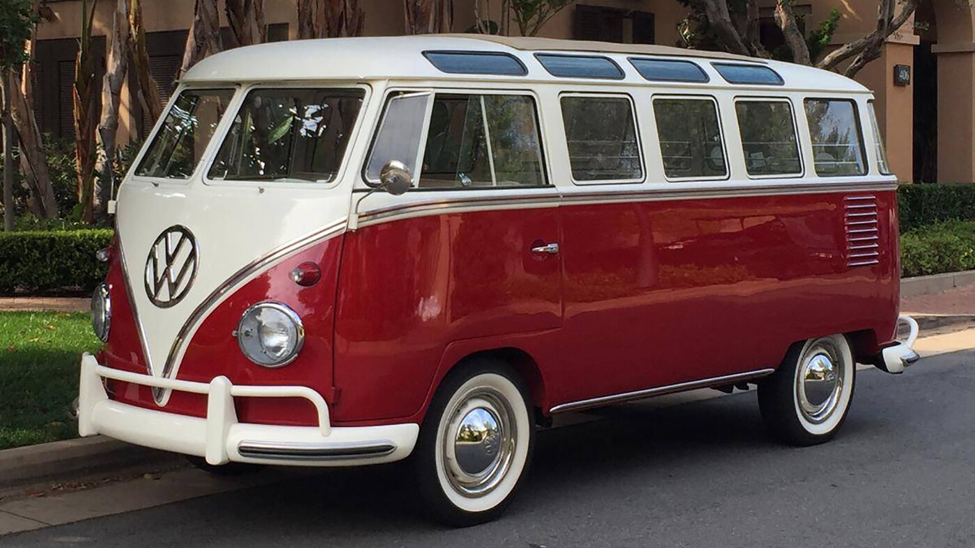 Vintage 1965 VW 23-Window Samba Bus Red color