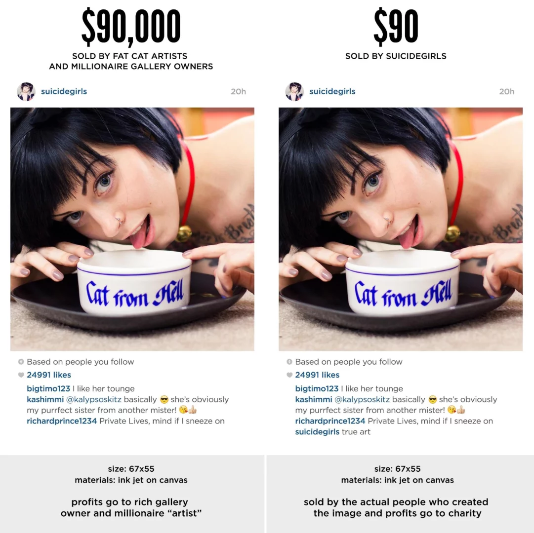 On the left is a image from Richard Prince's New Portraits exhibition and on the right is a reproduction that was sold from the SuicideGirls website.