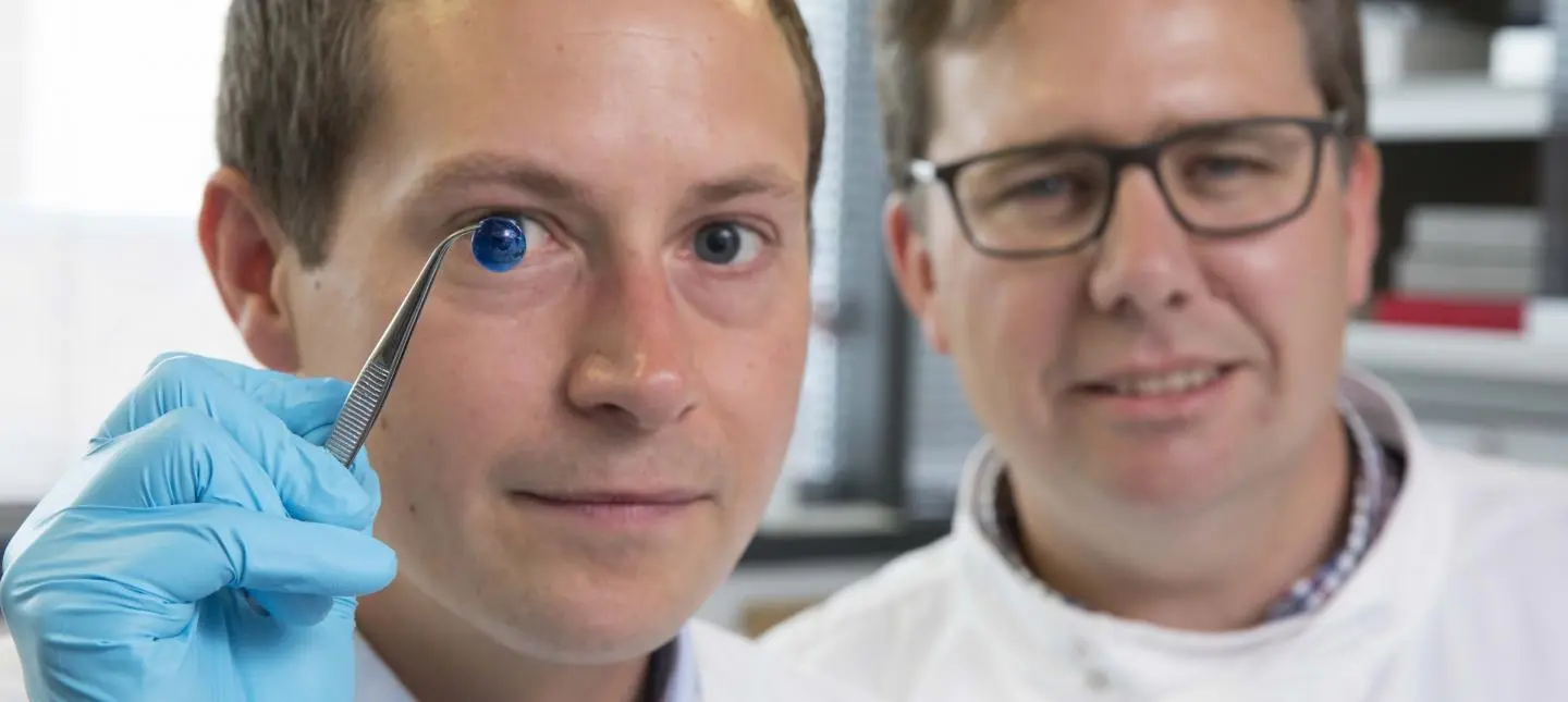 Co-author Dr. Steve Swioklo (left) and Prof. Che Connon, with a 3D-printed cornea