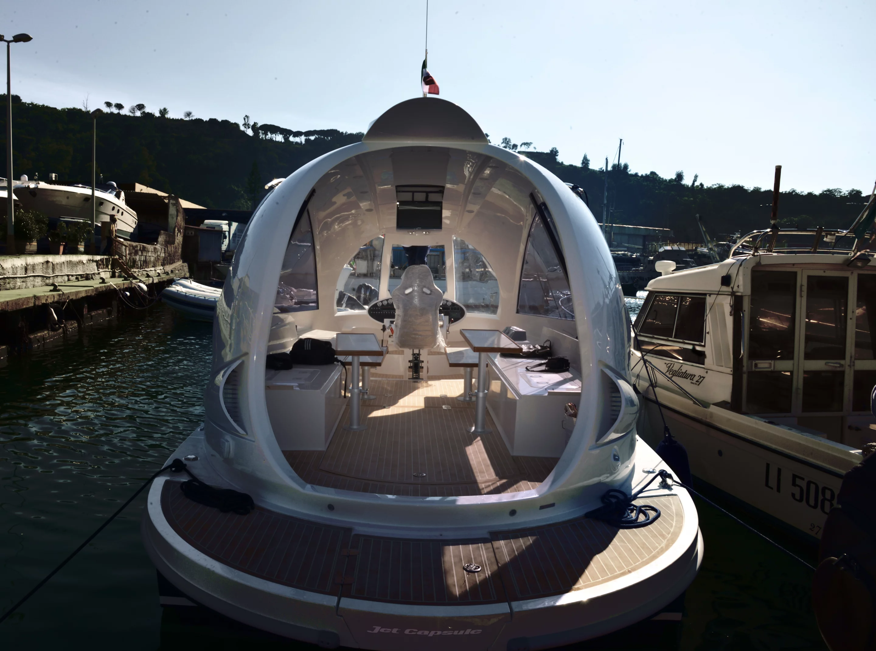 Jet Captule features a protected deck, automatic closing doors, rear diving platform, convertible bedroom and toilet