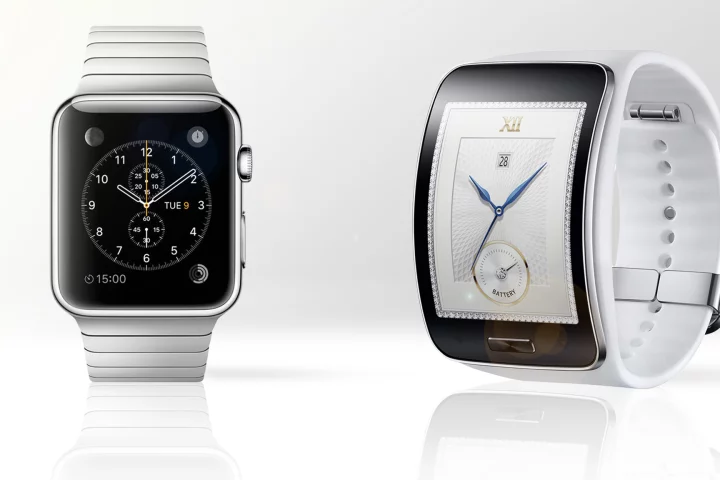 Gizmag compares the features and specs of the Apple Watch (left) and Samsung Gear S smartwatches