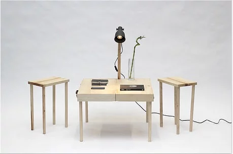 Boxed coffee table, stools and lamp by Tyrone Stoddart