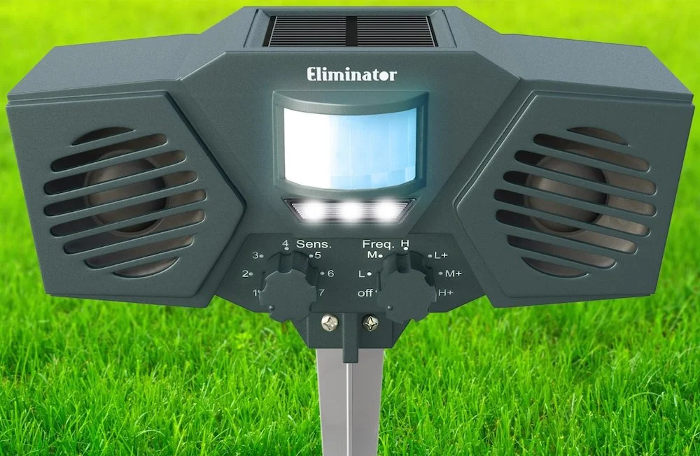 The Eliminator pest repeller uses ultrasonic waves and flashing LEDs to scare away cats, dogs, and other unwanted animal visitors to your yard