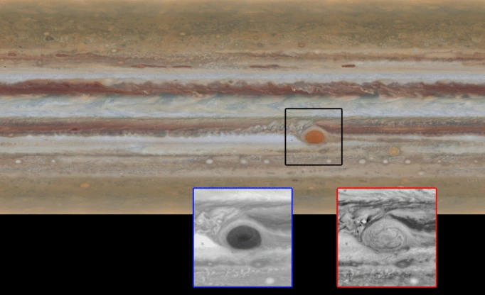 The movement of Jupiter’s clouds can be seen by comparing the first map to the second one. Zooming in on the Great Red Spot at blue (left) and red (right) wavelengths reveals a unique filamentary feature not previously seen
