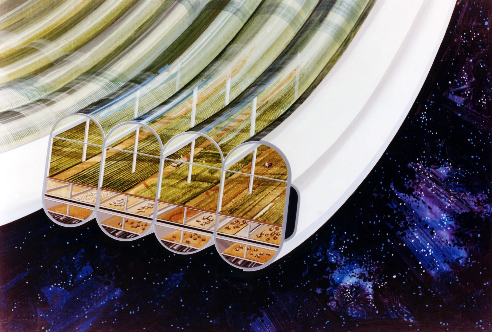 A cutaway of agriculture aboard a Bernal space station. By Rick Guidice