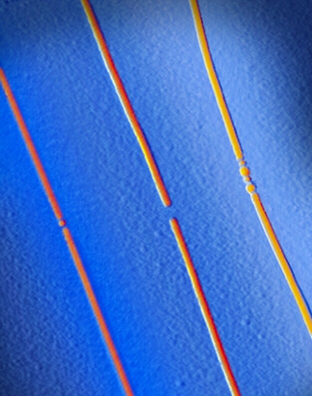 Three parallel memory bits with carbon nanotube electrodes. The middle bit is in the off state, the other two are on. The silicon dioxide substrate is shown in blue