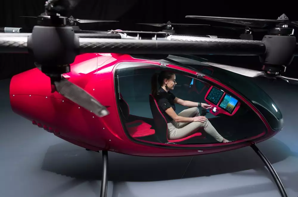 The Passenger Drone is built from carbon fiber composites and features a total of 16 rotors