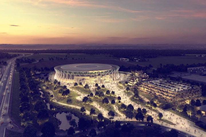 The MUCCC arena's exterior will feature an eye-catching exoskeleton that references the Bavarian state flag's lozenge pattern