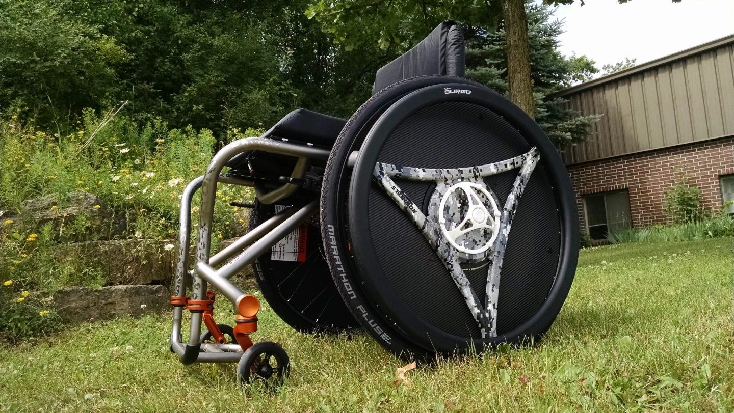 Rowheels REV-LX wheels are available in a variety of sizes, and are installed on existing third-party chairs