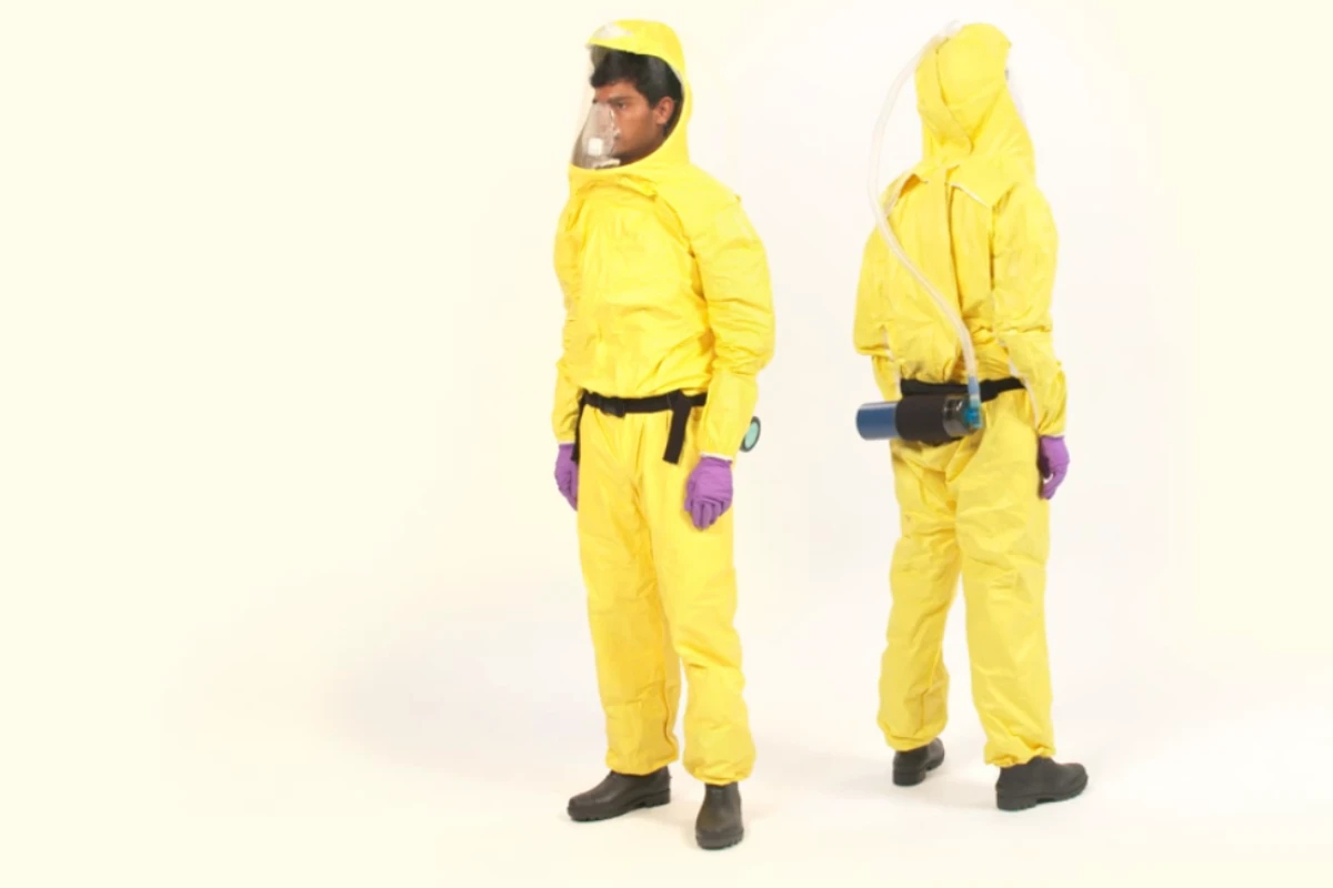 The Johns Hopkins Ebola suit is color coded to show what surfaces are safe to touch when removing it