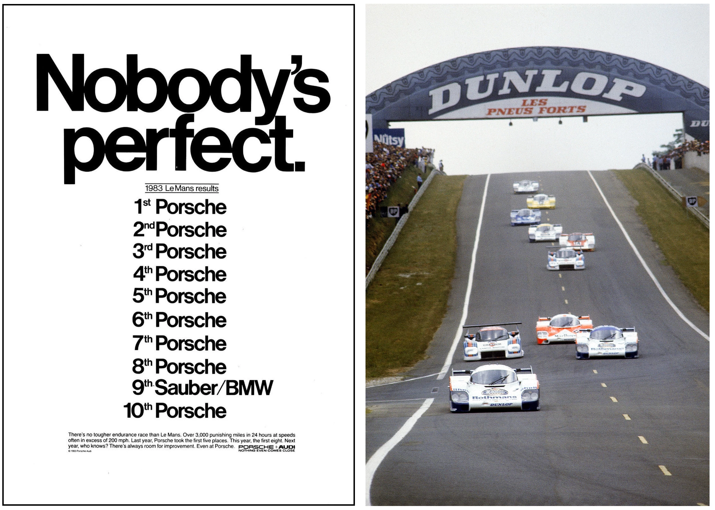 The Porsche 956/962 family dominated global sports car racing for a decade, but the company's finest hour came at the 1983 edition of the 24 Hours of Le Mans. The three factory-prepared Porsche 956s had finished 1-2-3 in the 1982 race but once Porsche began selling the brutally-fast 956 to customer teams, the dominance became almost farcical. The 1983 results were immortalised when Porsche issued the above poster (on the left) and it became a staple of workshops and bedroom walls across the world. Vern Schuppan was one of the drivers in the winning Porsche 956 that day.