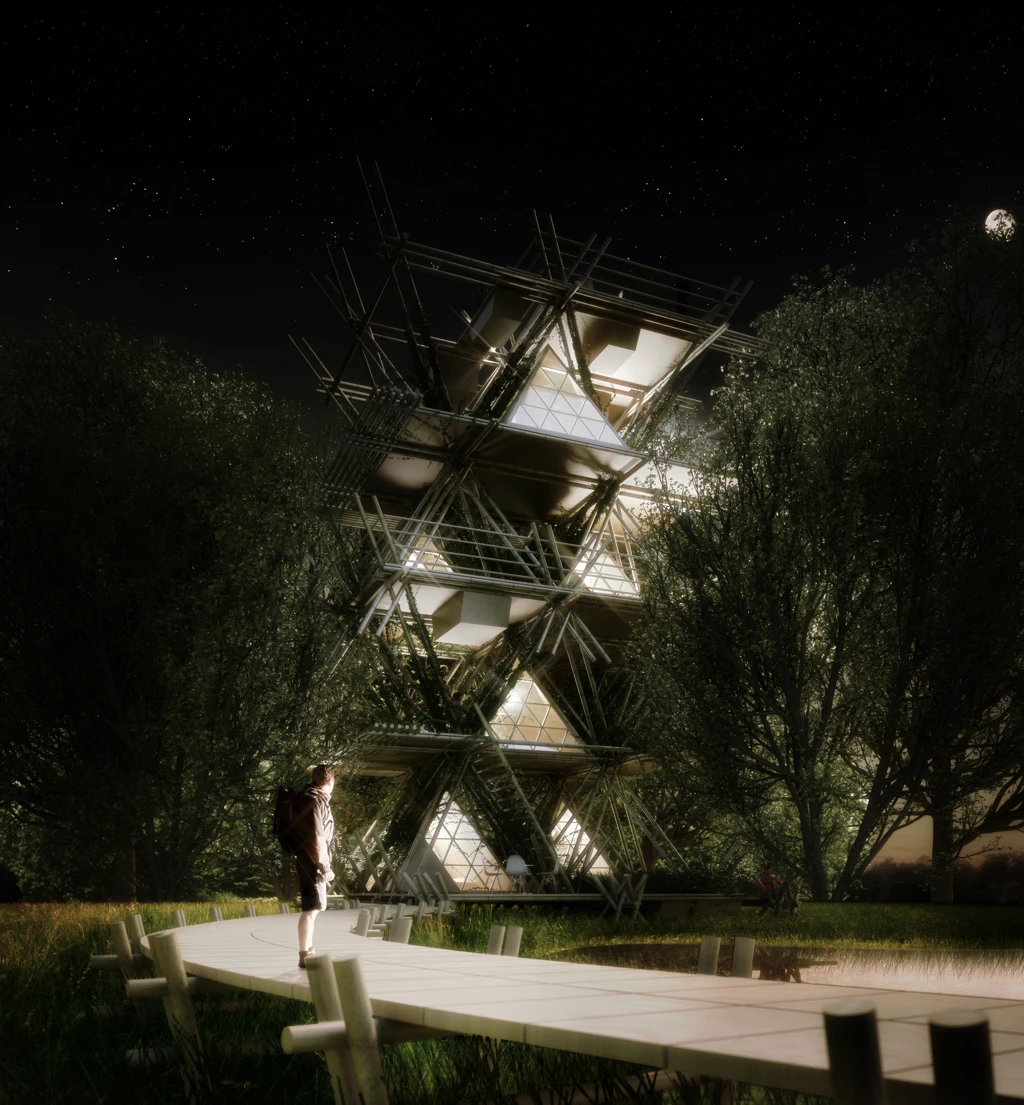 Several modules can be placed within the framework, including tent, toilet, and lobby (Image: Penda)
