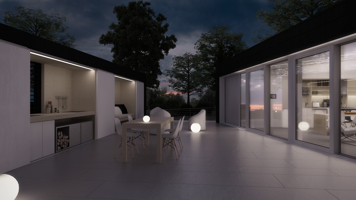 The open central area is complete with a summer kitchen