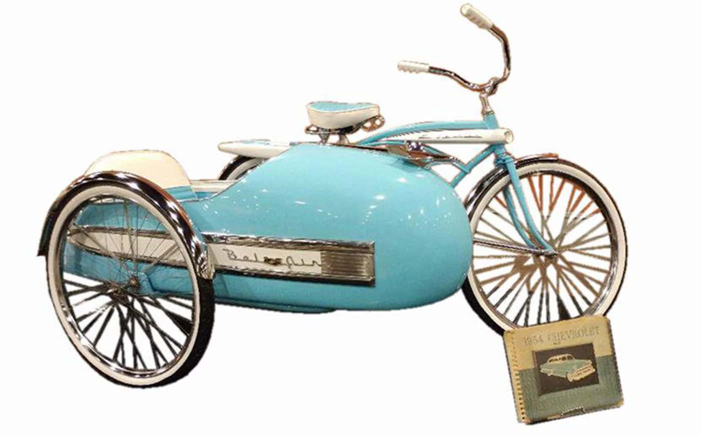 We can find no literature whatsoever on this bicycle, but it is reportedly a J. C. Higgins bicycle that has been customized with a sidecar added in the style of the 1954 Chevrolet Bel Air. It sold for $10,810 at Barrett-Jackson's Scottsdale 2018 auction.