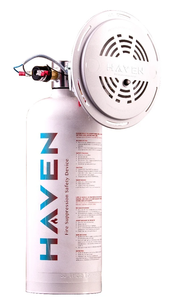 The Haven fire safety system with a canister of suppressant and fire sensor