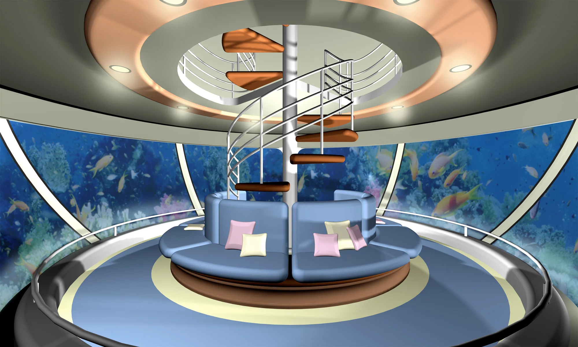 "Jelly Fish" anchored suite lower deck lounge (Image by Giancarlo Zema Design Group)