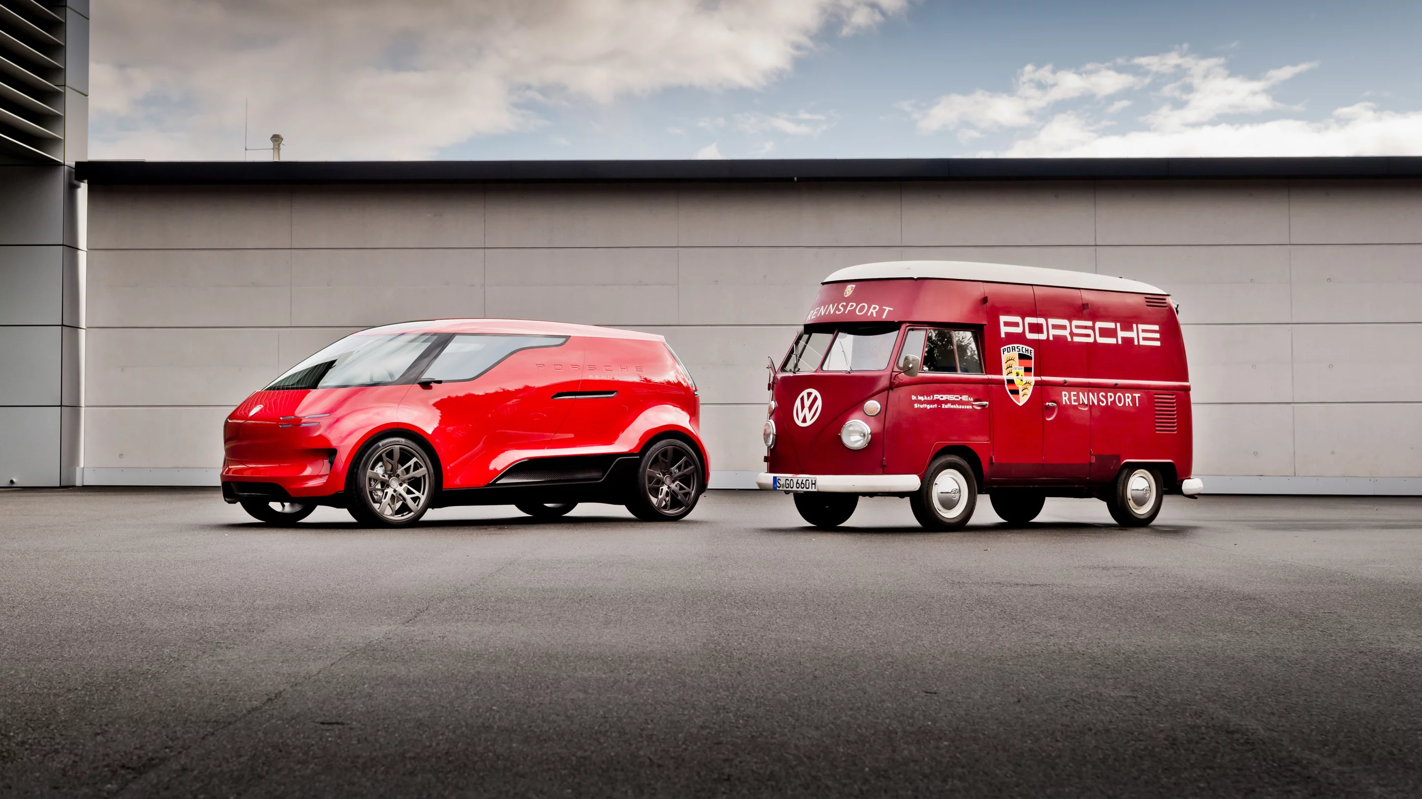 Porsche Renndiest concept and the original Porsche-liveried VW service van that inspired it