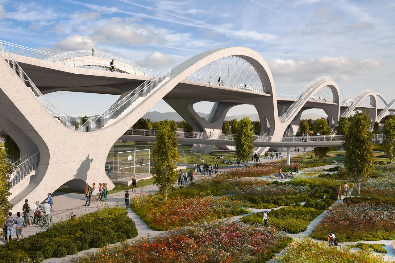 The new design for the Sixth Street Viaduct features ten pairs of white concrete arches