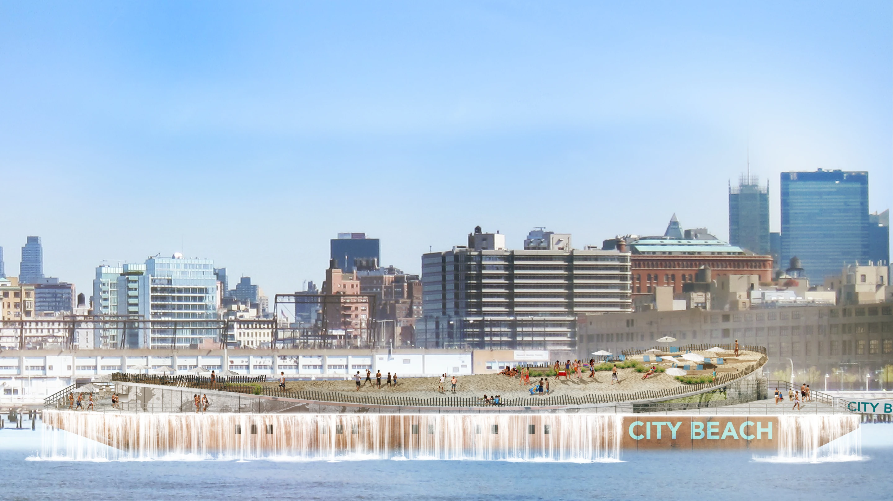 The project plans to offer free entry to visitors and make its profit from amenities provided on-site, such as umbrellas, beach chairs, and cabana rental (Image: City Beach NYC)