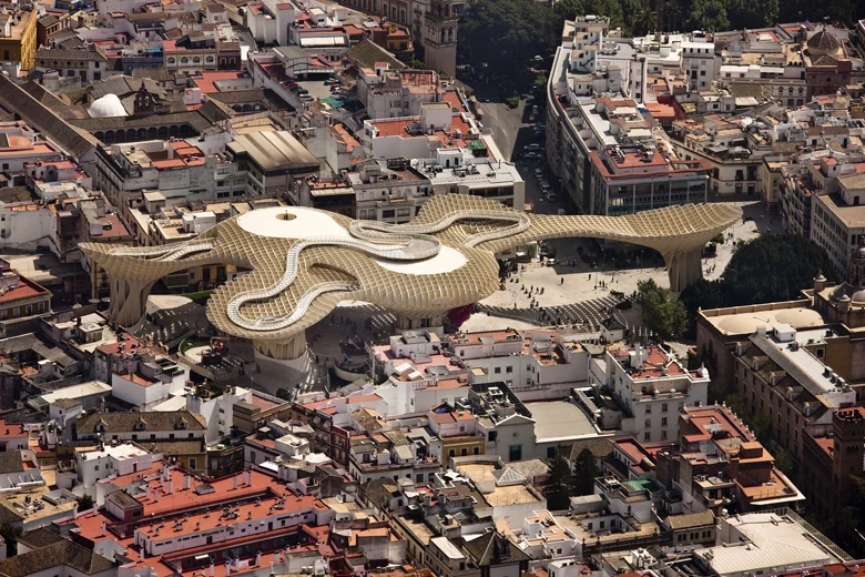 Another spectacular work from J.Mayer.H, the Metropol Parasol is a giant timber construction holding an elevated walkway