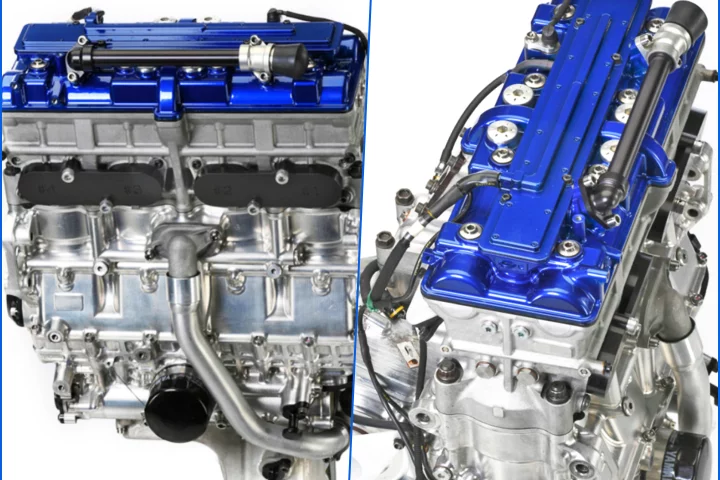 Yamaha's outgoing "bing-bang" inline-four MotoGP engine, pictured above, is being replaced with a new V4 design for the 2026 season