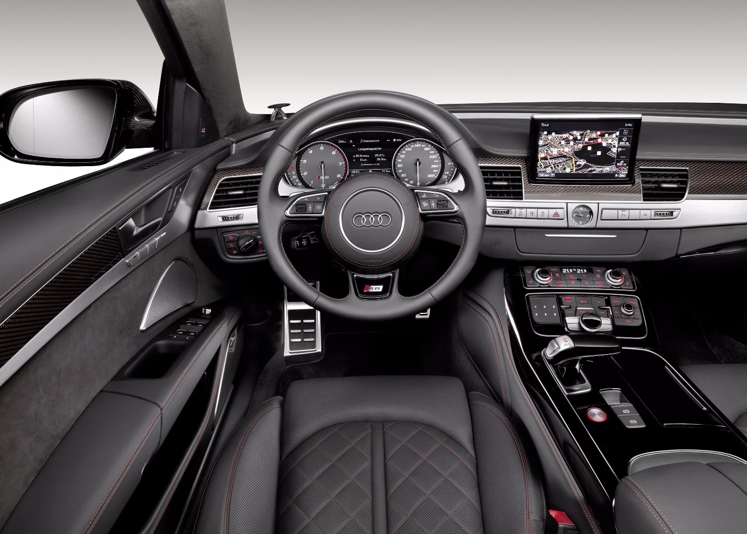 The new Audi S8 plus has a black interior with red piping and highlights