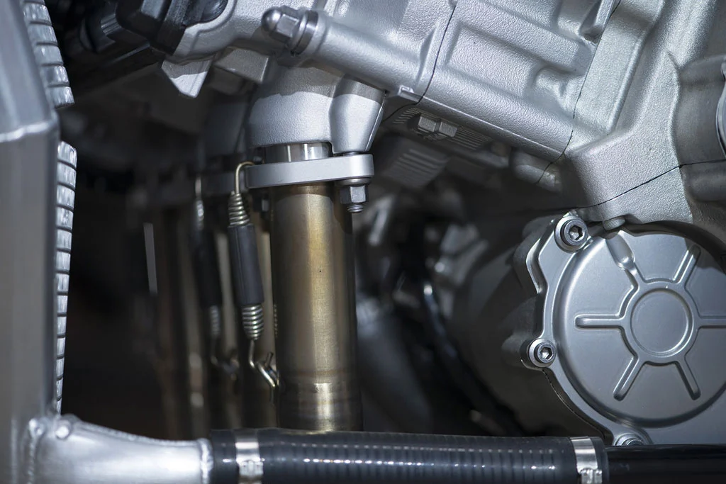 The PGM V8 motorcycle's custom titanium exhaust headers