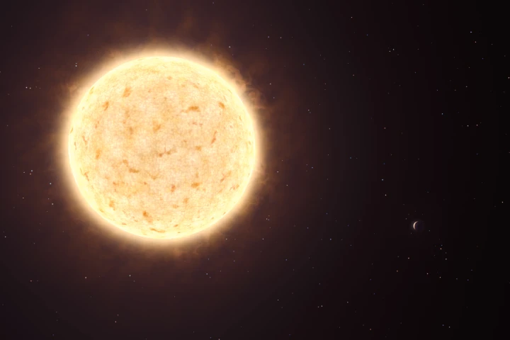 Artist's impression of the yellowish star HIP 13044 and, on the bottom right, its planet HIP 13044 b (Credit: ESO/L. CalÃ§ada)