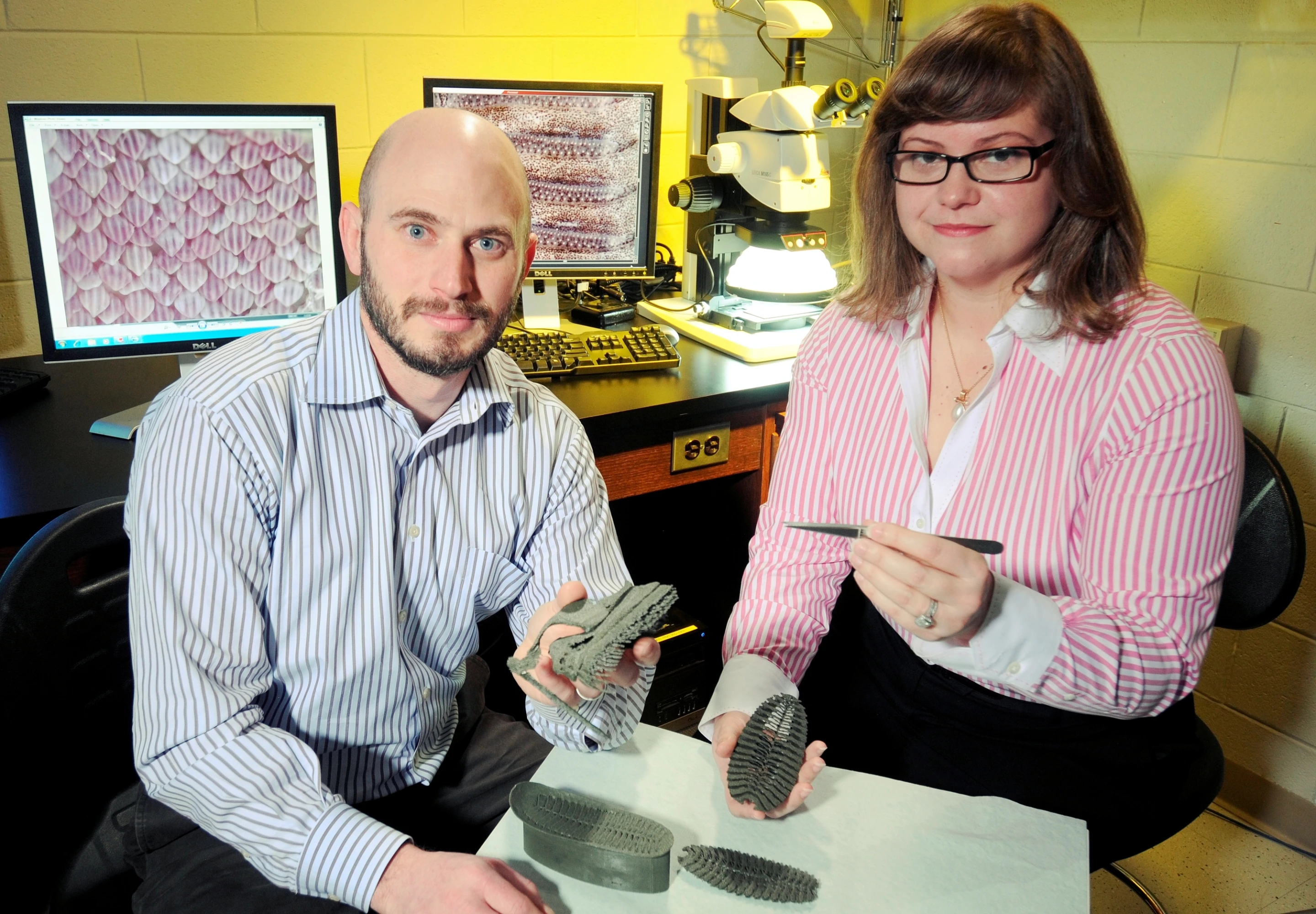 Jason Nadler and Allison Mercer with 3D rapid prototypes of the remora's adhesive disk