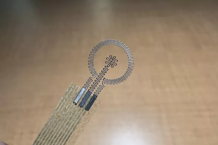 The molybdenum electrodes transmit real-time data to the bandage's coil at the opposite end