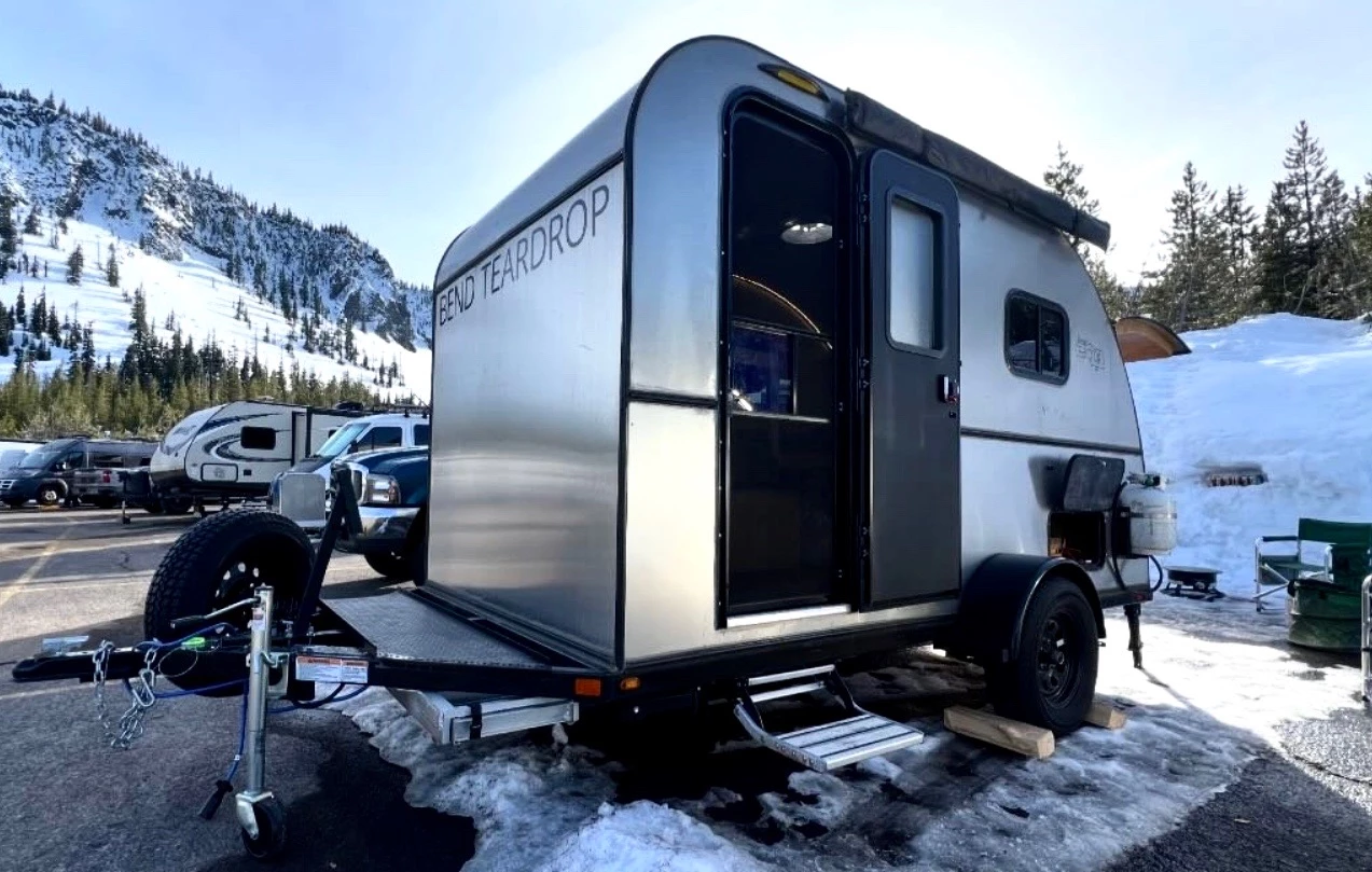Enjoying some of the Pacific Northwest's renowned ski camping with the Bend Tall Boy teardrop camping trailer