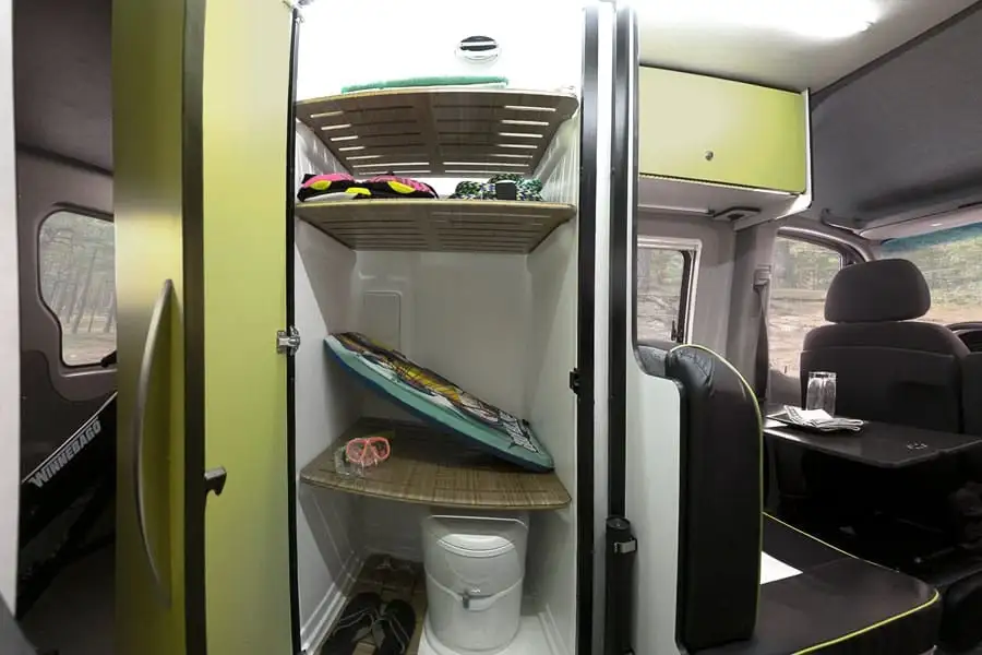 With integrated supports and removable shelves, the Winnebago Revel bathroom doubles as a wet room for drying clothes and gear