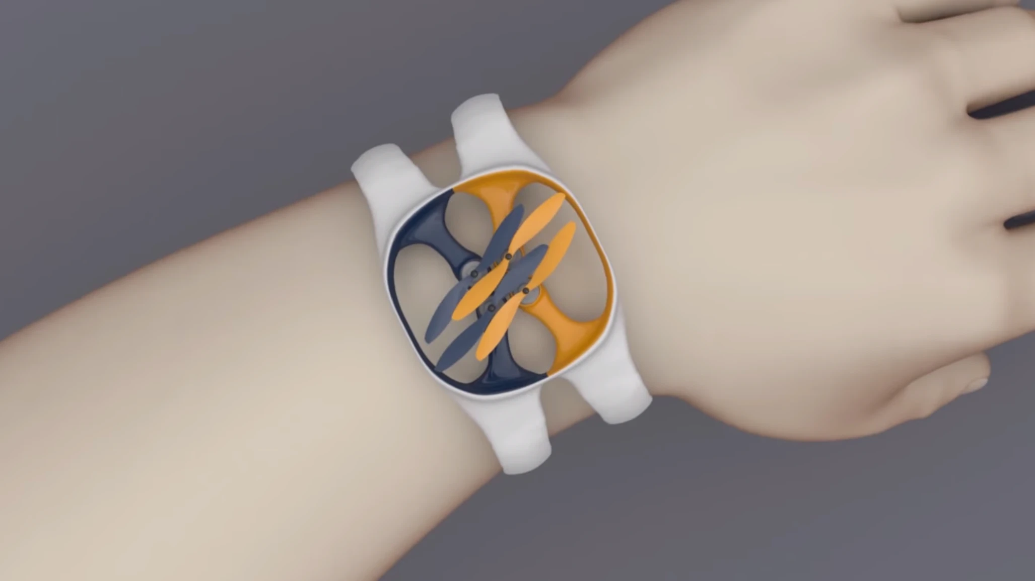 The quadcopter is designed to fold around the user's wrist when not in use