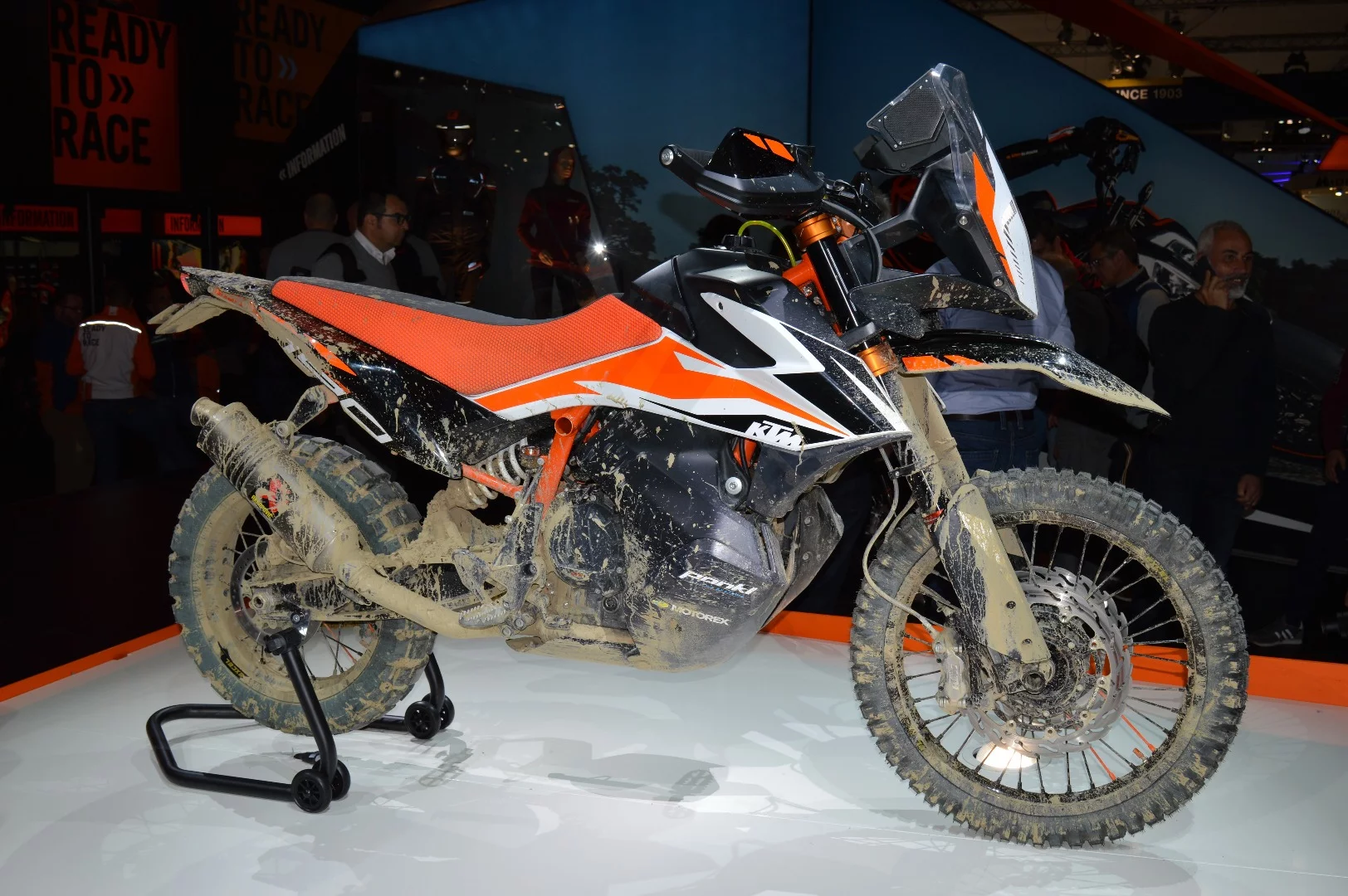The 790 Adventure R prototype at EICMA 2017 appropriately finished in a "rally-style" paint job