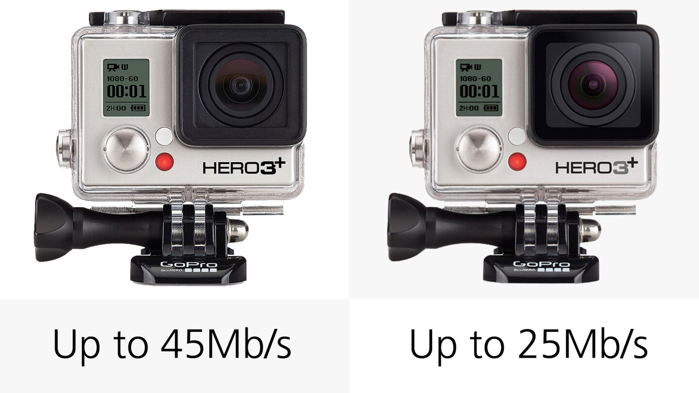 The various GoPro cameras offer differing high bitrate video recording (H.264), from 25 Mb/s to 60 Mb/s