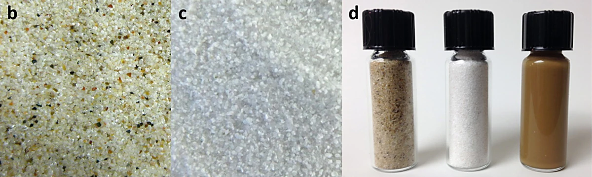 From left, (b) unpurified sand, (c) purified sand, and (d) vials of unpurified sand, purified sand, and nano silicon