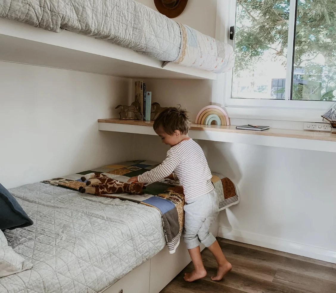 The Joely's downstairs bedroom contains bunk beds with some integrated storage