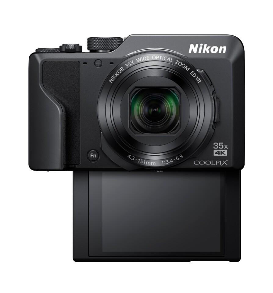 The Coolpix A1000's 3 inch touchscreen display can tilt down by 180 degrees for selfie framing