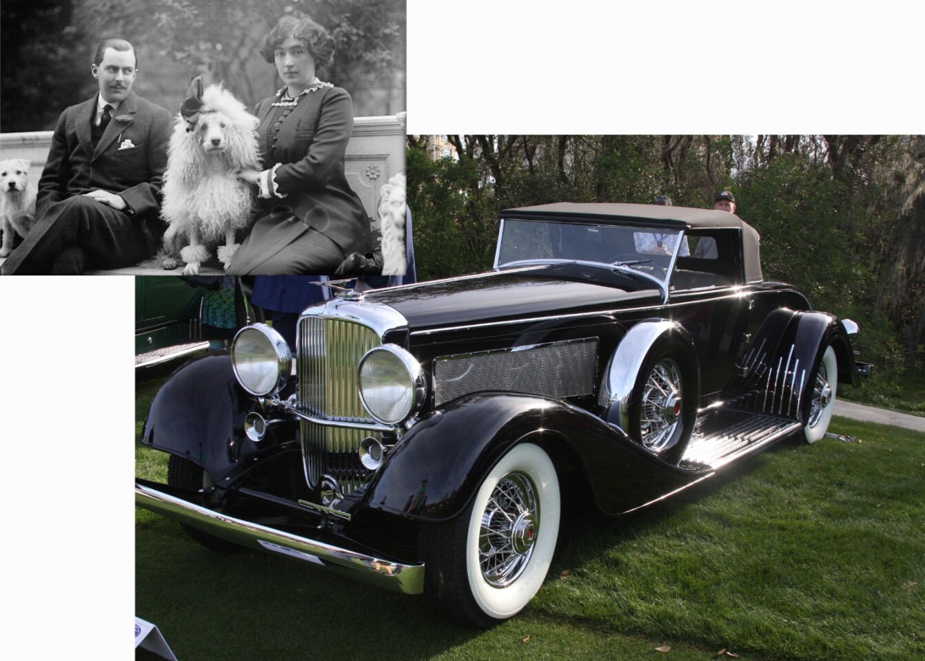 The Duesenberg J/SJ Convertible has Murphy coachwork restyled in period by Bohman & Schwartz, and it was purchased new by Edward Beale McLean, the then publisher of The Washington Post, husband of famous socialite Evalyn Walsh McLean (both pictured) and the last private individual who purchased the famously "cursed" 45-carat (9.0 g) Hope Diamond. He died in a mental institution a decade later, but the symbol of the power he once wielded in the nation's capital survived.