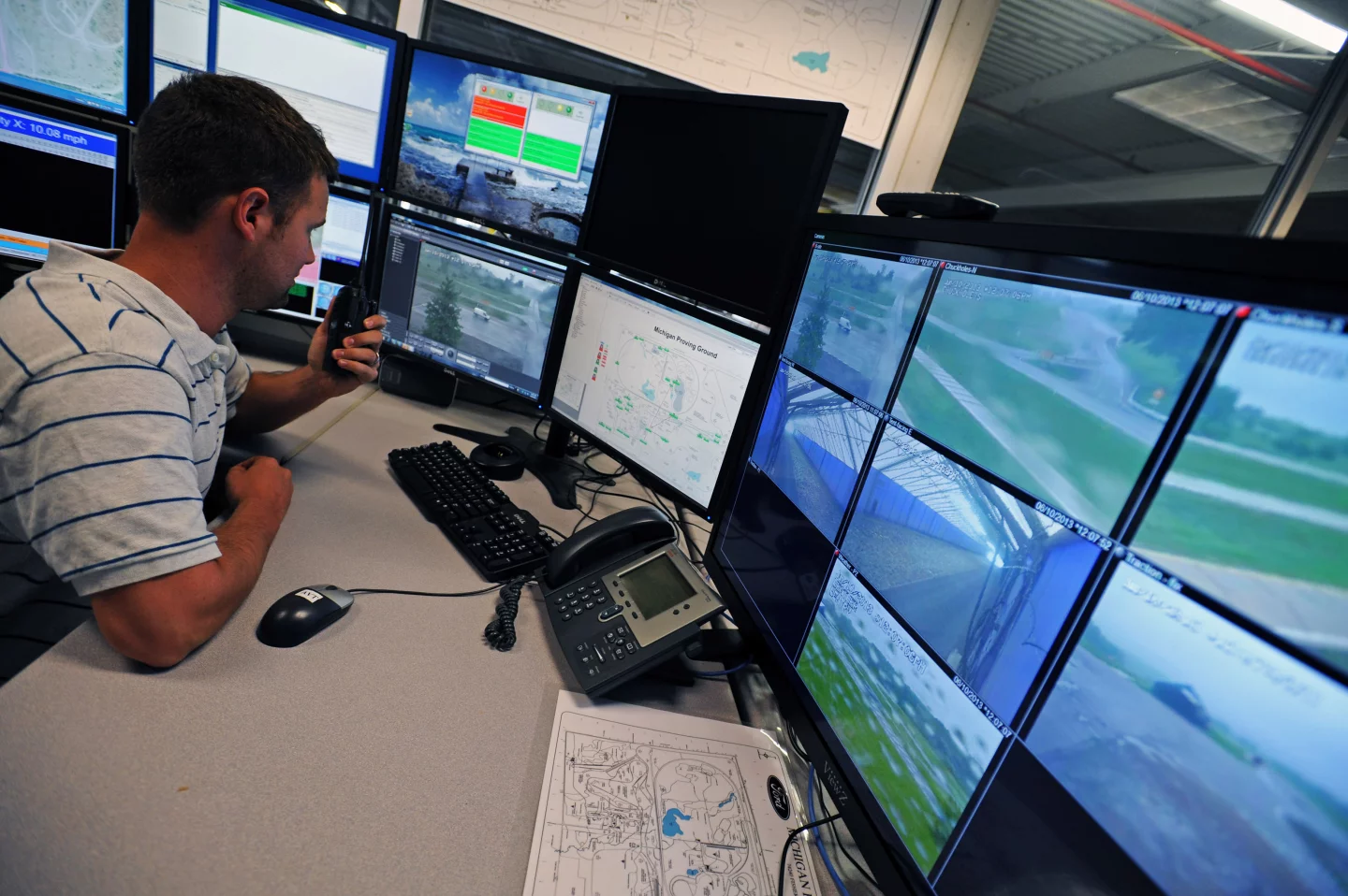 An operator at central control can monitor up to eight vehicles at one time