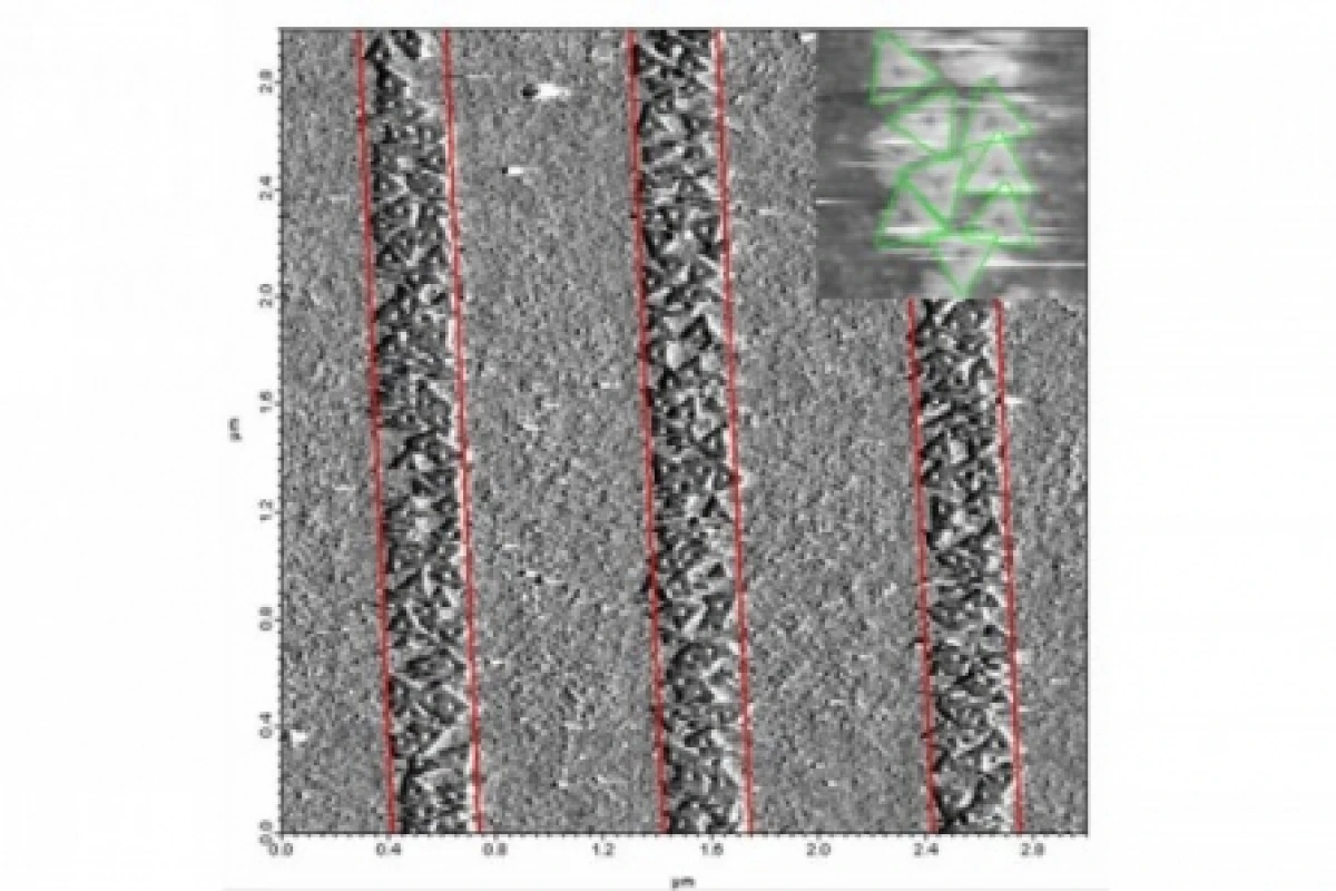 High concentrations of triangular DNA origami binding to wide lines on a lithographically patterned surface; the inset shows individual origami structures at high resolution