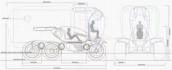The A.N.T would be powered by six industrial electric in-wheel motors. The rotational movements would be powered by rotational hydraulics