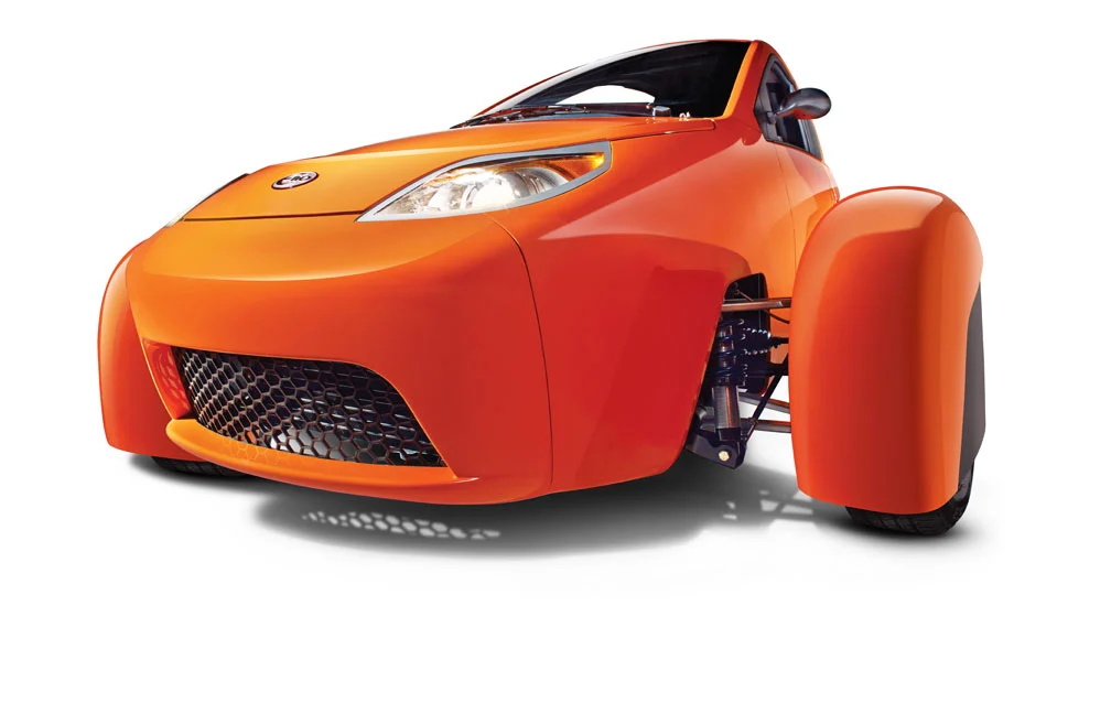 Low angle shot of Elio Motor's three-wheeler