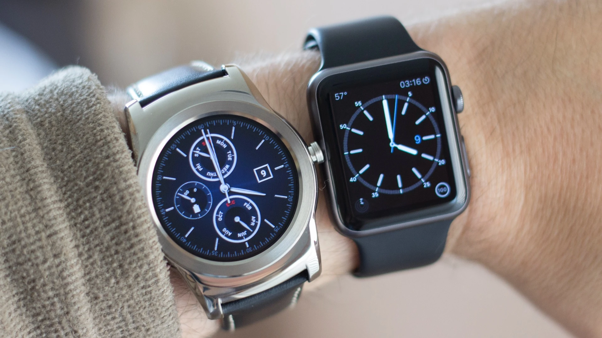 Gizmag goes hands-on (erm, wrists-on) with the LG Watch Urbane (left) and Apple Watch Sport