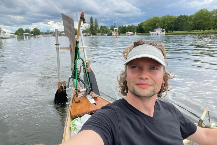 Inventor Ben Kilner pedalling the Jamima Paddleduck – its unique drive mechanism can be seen behind him